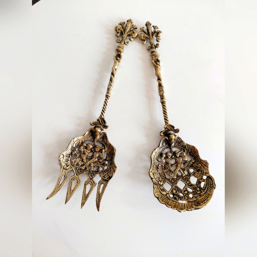 #1940s MC Medieval Style Baroque Ornate Brass Serving Fotk&Spoon Italy.
